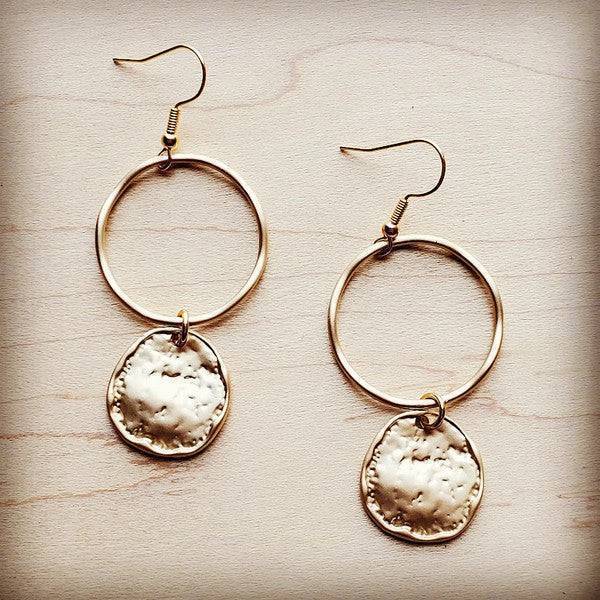 Matte Gold Hoop Earrings with Coin Dangle gold 1