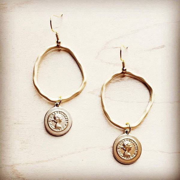 Matte Gold Hoop Earrings with Coin Dangle