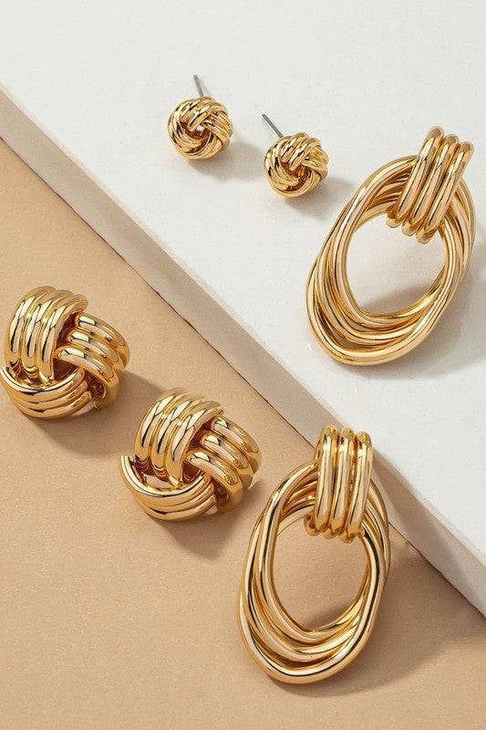Metal Knot and Hoop Earring Set Gold one size