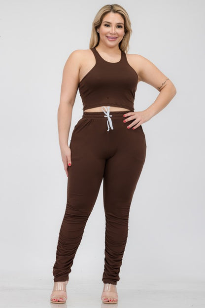 Two-Piece Cropped Tank and Ruched Pant Set Coffee