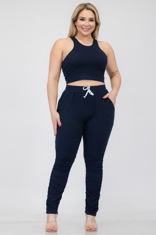 Two-Piece Cropped Tank and Ruched Pant Set Navy