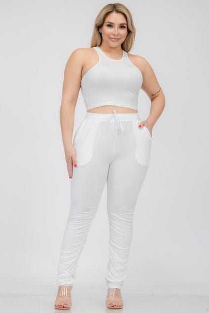 Two-Piece Cropped Tank and Ruched Pant Set White