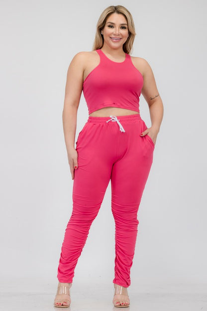 Two-Piece Cropped Tank and Ruched Pant Set Fuchsia