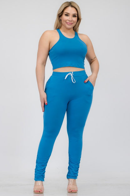 Two-Piece Cropped Tank and Ruched Pant Set Ibiza Blue