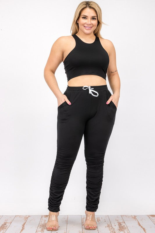Two-Piece Cropped Tank and Ruched Pant Set Black
