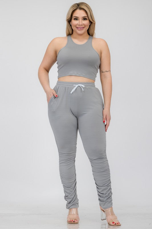 Two-Piece Cropped Tank and Ruched Pant Set Ultimate Grey