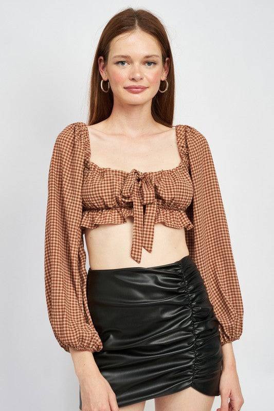 Gingham Square Neck Crop Top BROWN