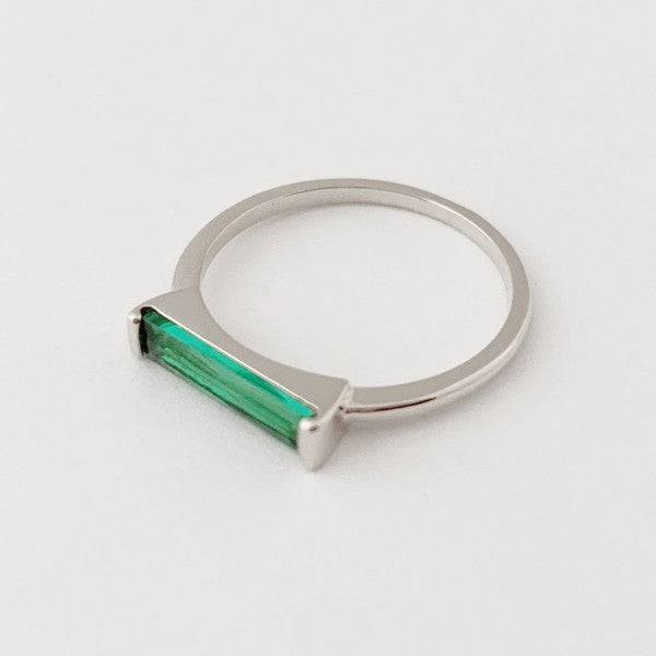 Green Long Crystal Baguette Ring