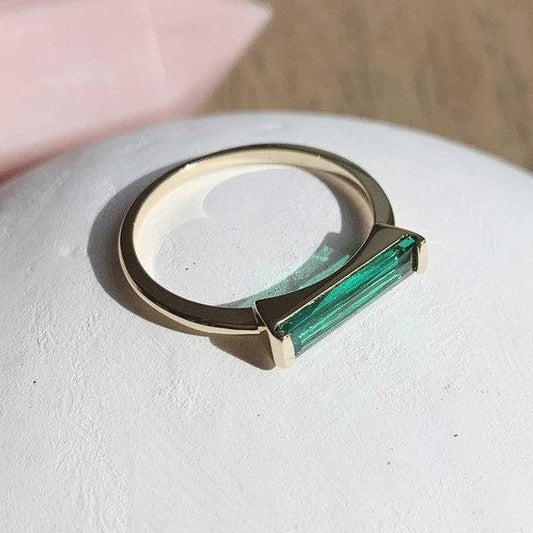 Green Long Crystal Baguette Ring Rose Gold