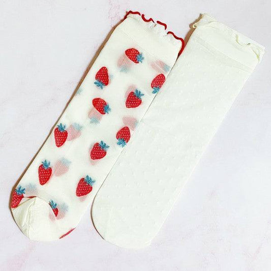 Dots And Strawberries Sheer Socks White Strawberries OS