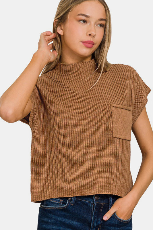 Zenana Mock Neck Short Sleeve Cropped Sweater DEEP CAMEL