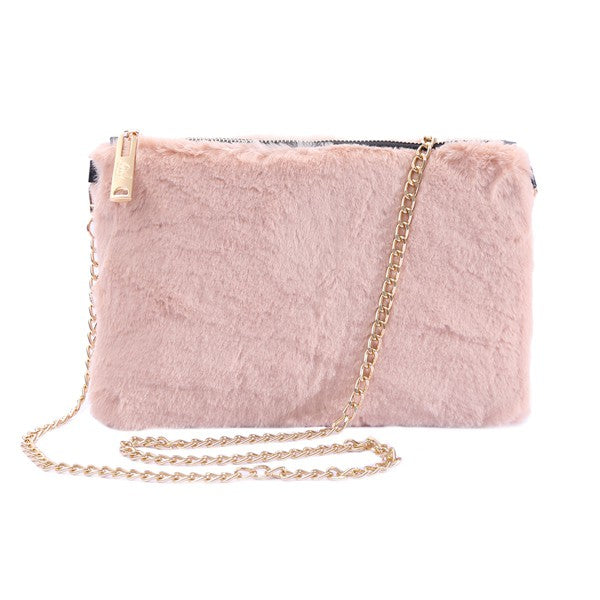 Faux Fur Clutch Shoulder Bag Beige Os