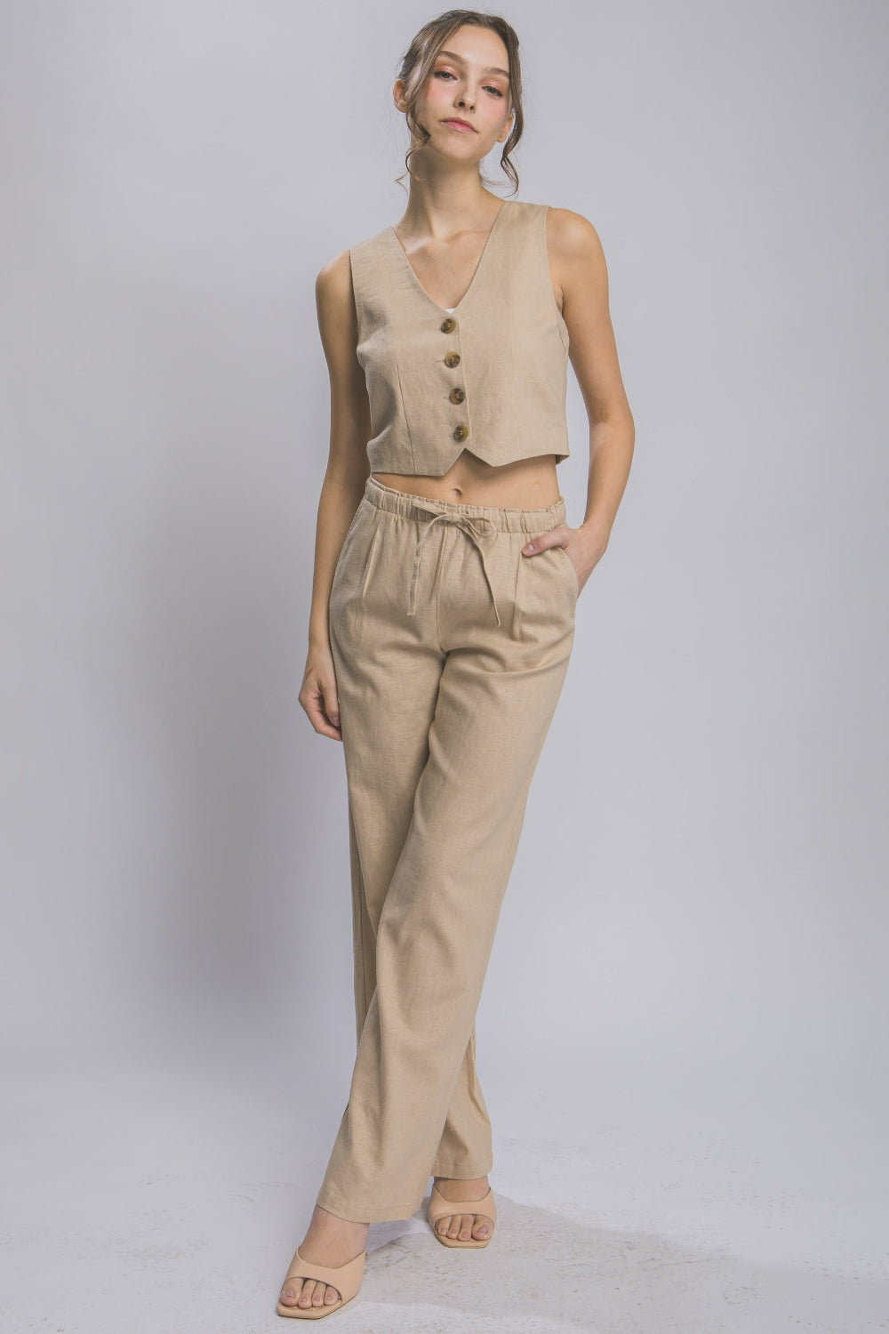 Love Tree Drawstring Wide Leg Pants with Pockets KHAKI