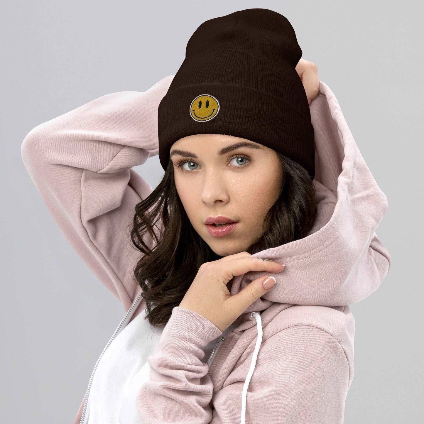 You Should Smile More Embroidered Beanie Brown