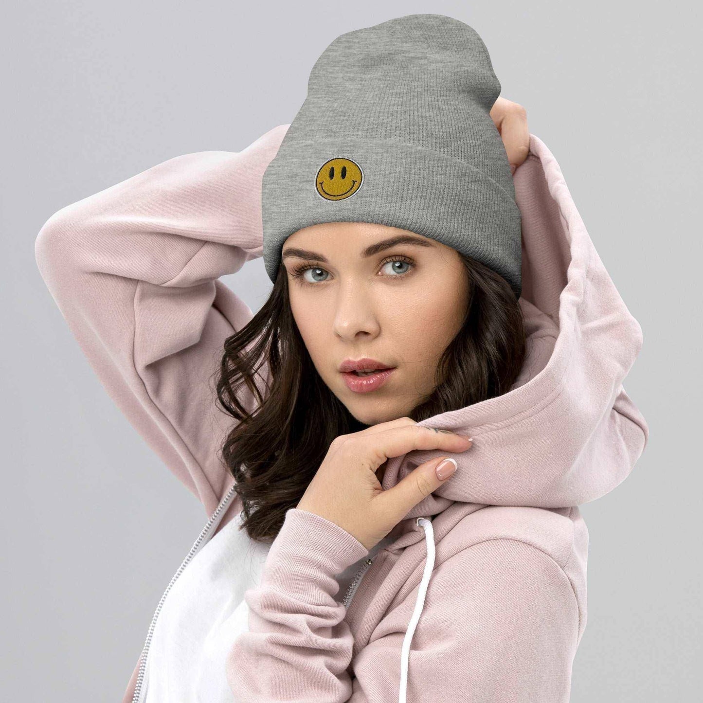 You Should Smile More Embroidered Beanie Heather Grey