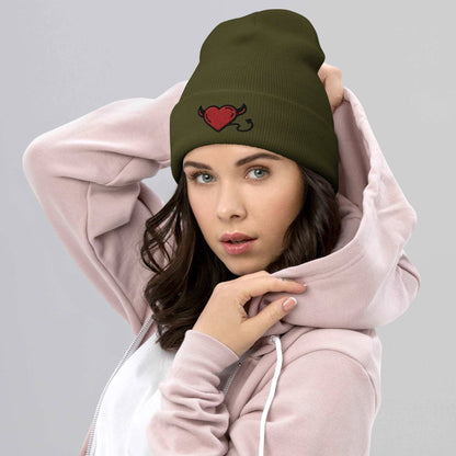 Little Devil Embroidered Beanie Olive