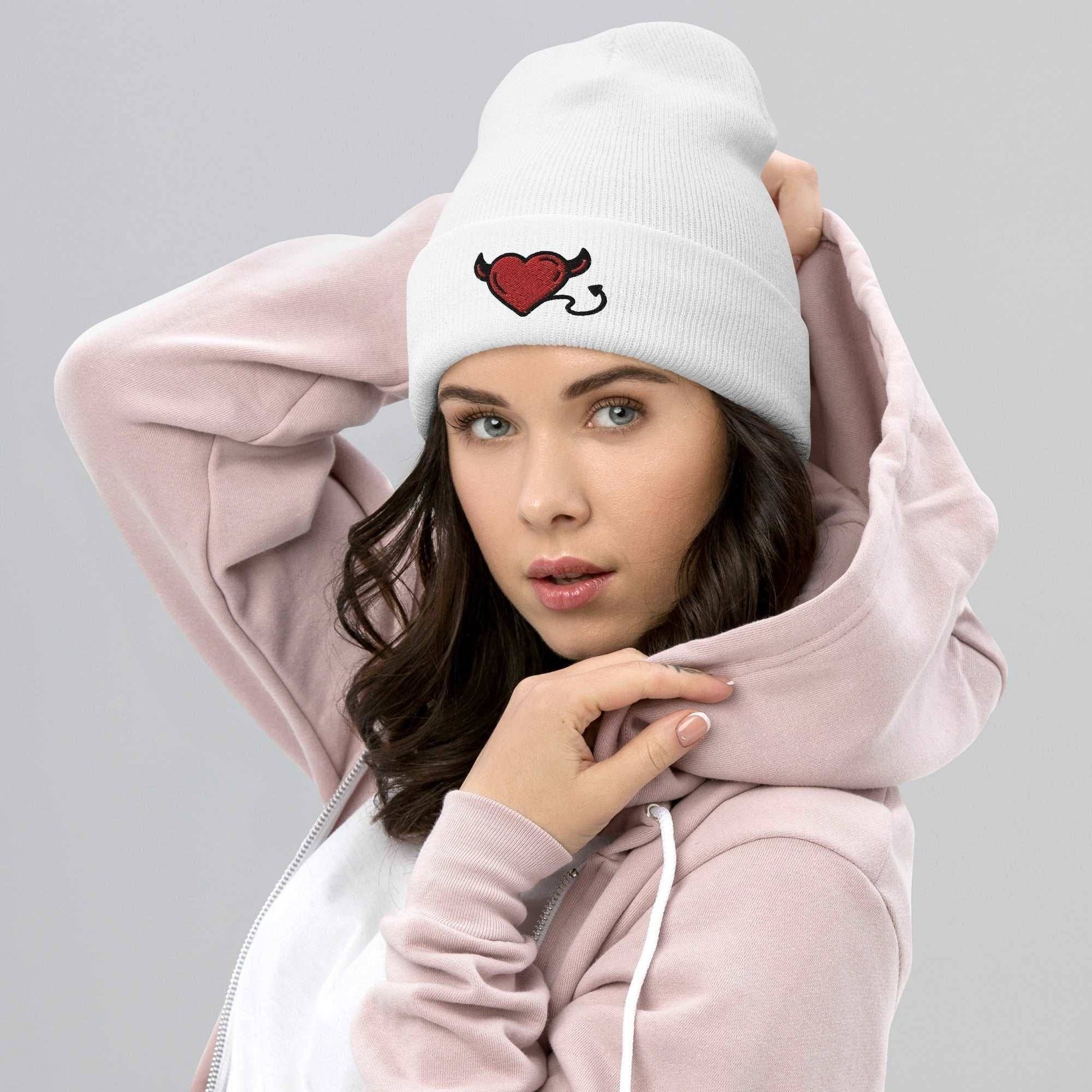 Little Devil Embroidered Beanie White