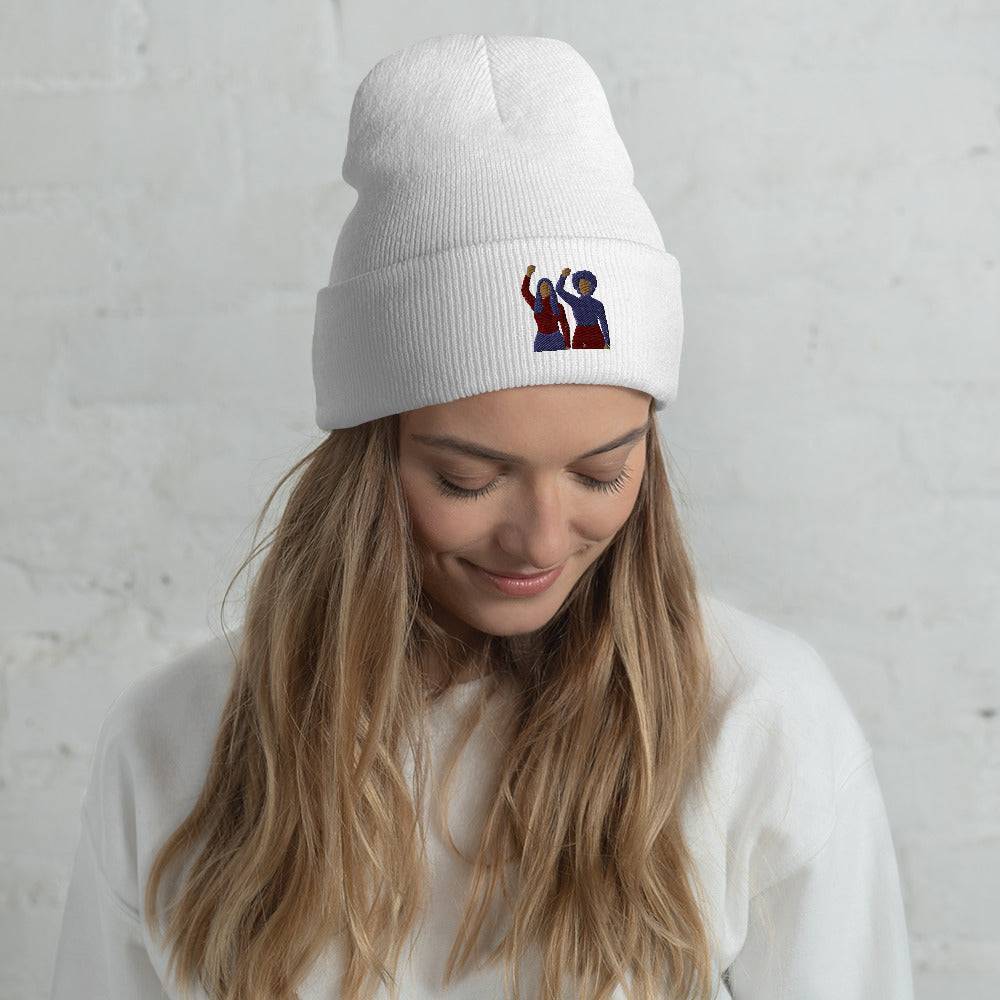 Empowered Woman Embroidered Beanie White
