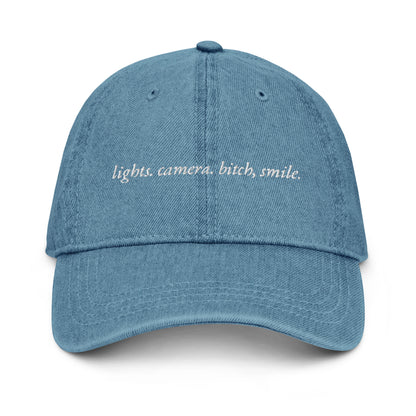 Lights, Camera, Bitch Smile. Embroidered Denim Hat Blue