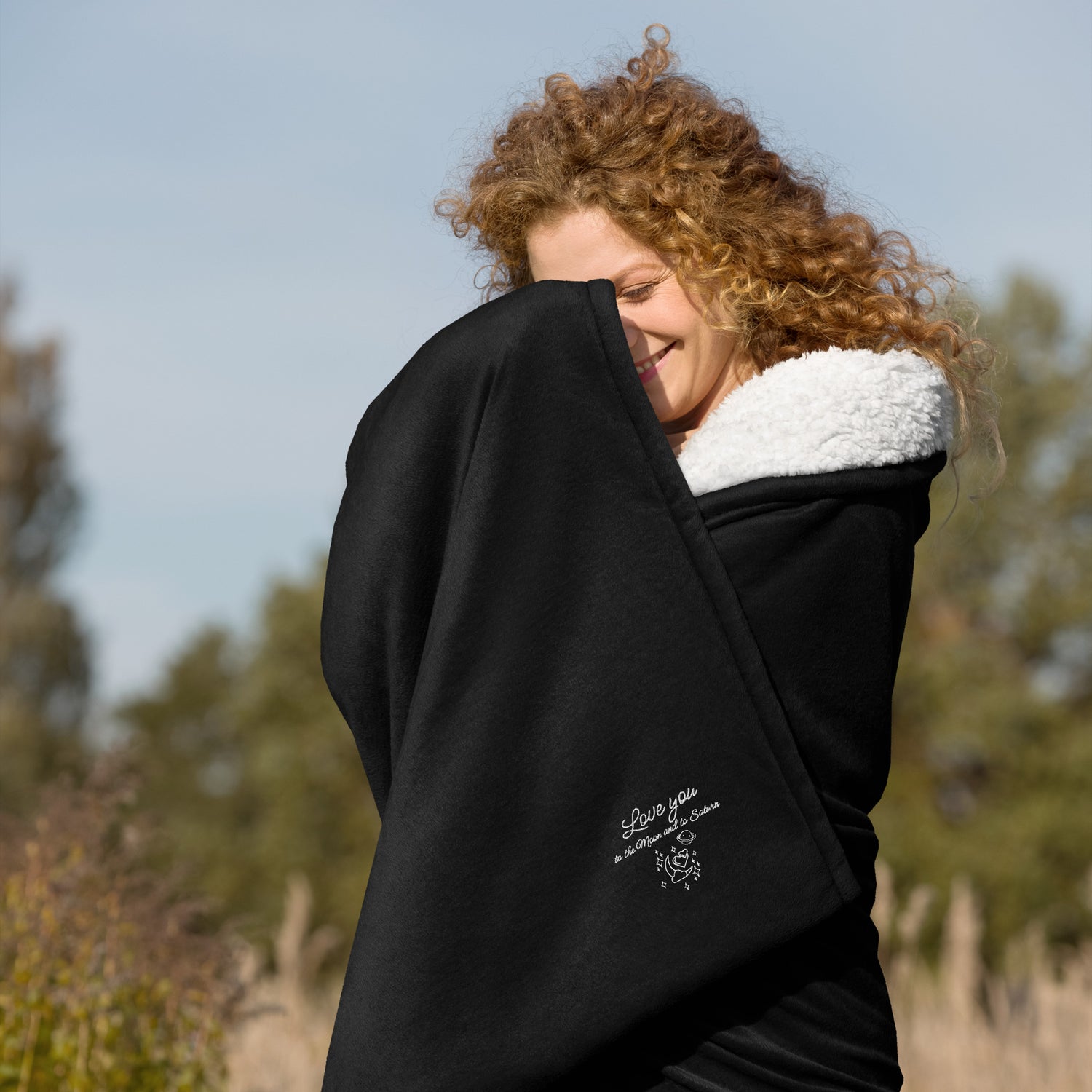 Moon and Saturn Embroidered Sherpa Blanket Black