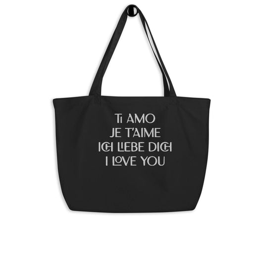 I Love You in Every Language Embroidered Large Tote Bag Black