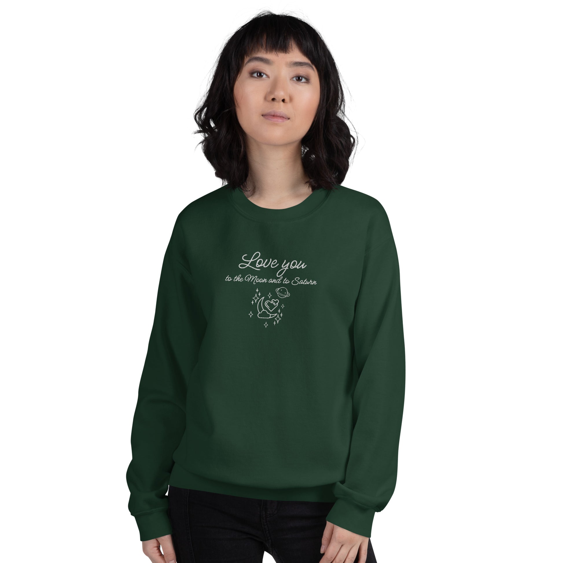 Moon and Saturn Embroidered Sweatshirt Forest Green