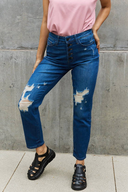 Judy Blue Melanie High Waisted Distressed Boyfriend Jeans Dark