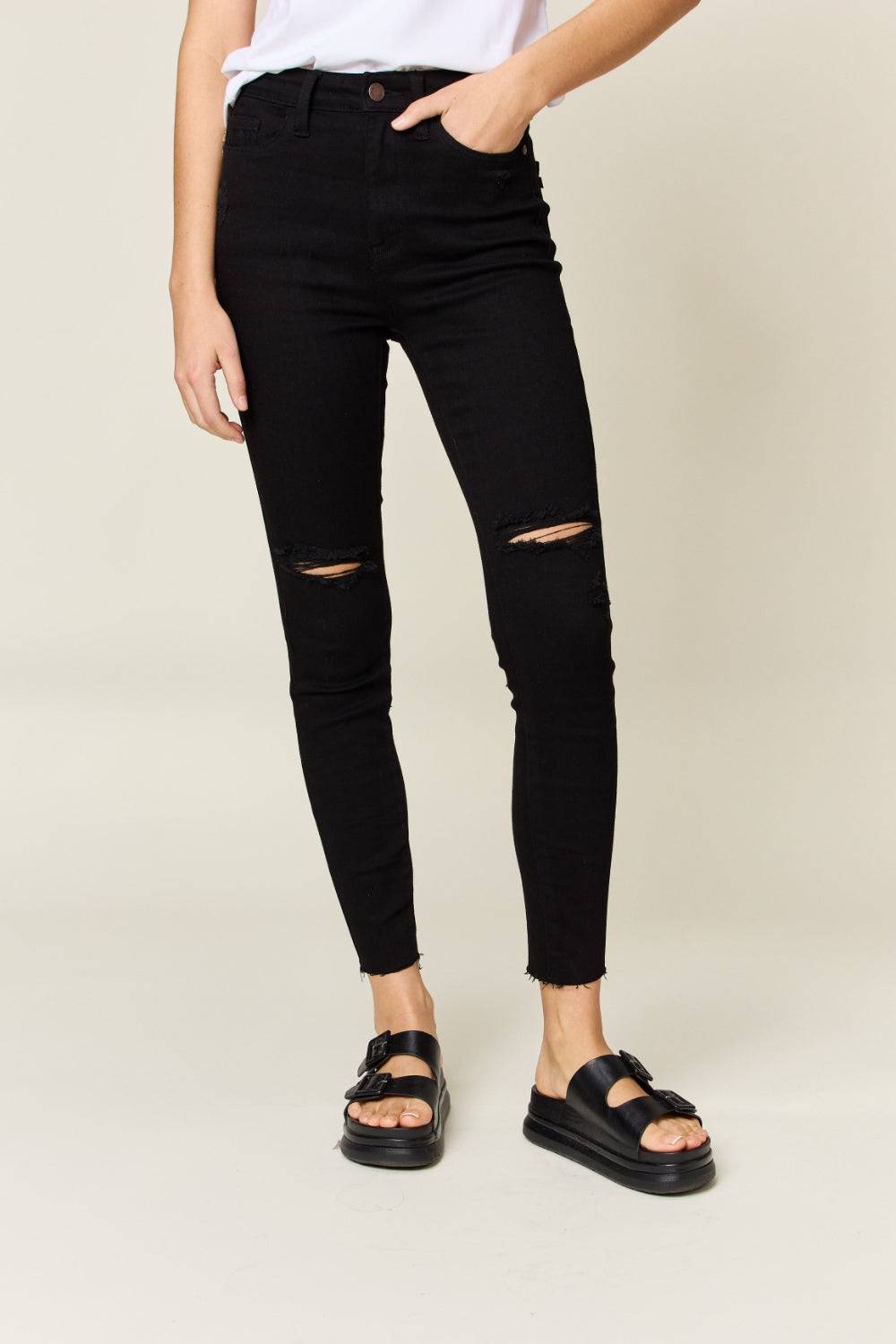 Judy Blue Distressed Tummy Control High Waist Skinny Jeans Black