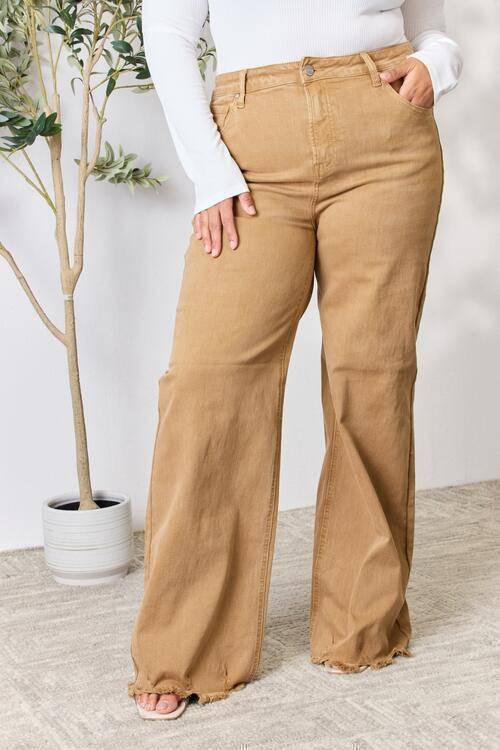 RISEN Wide Leg Fringe Hem Jeans MOCHA